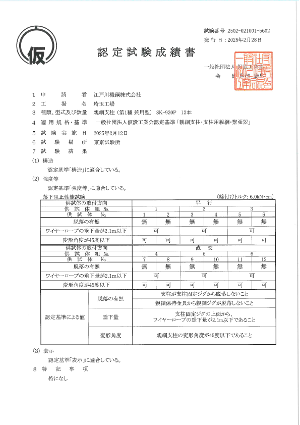 認定試験成績書