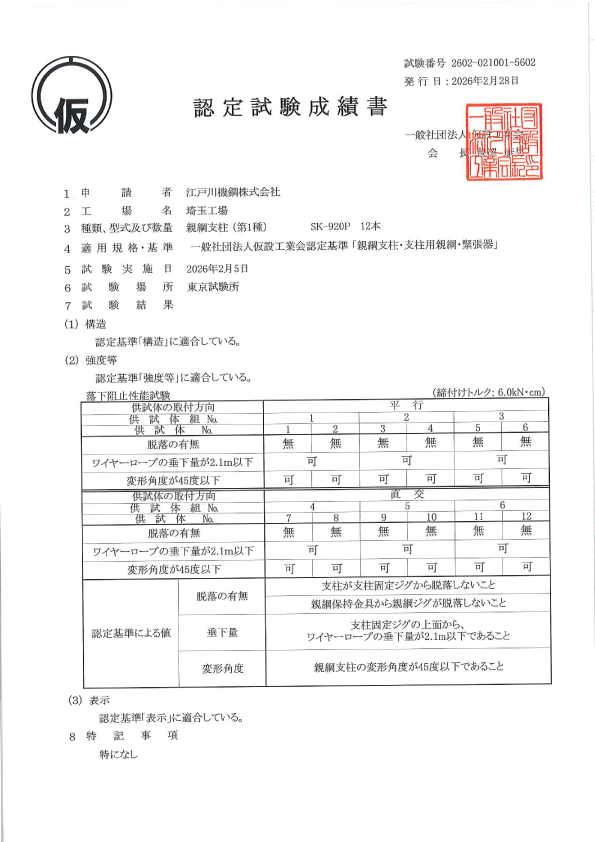 認定試験成績書