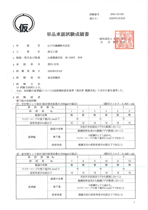 単品承認試験成績書